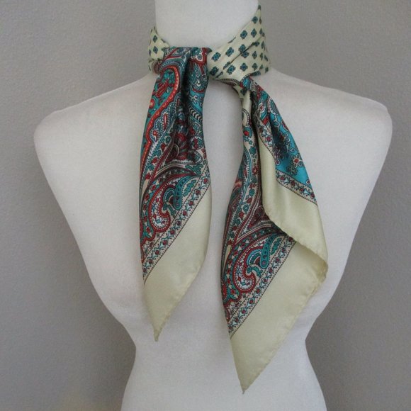 Teal, light yellow & red paisley scarf - Picture 5 of 7